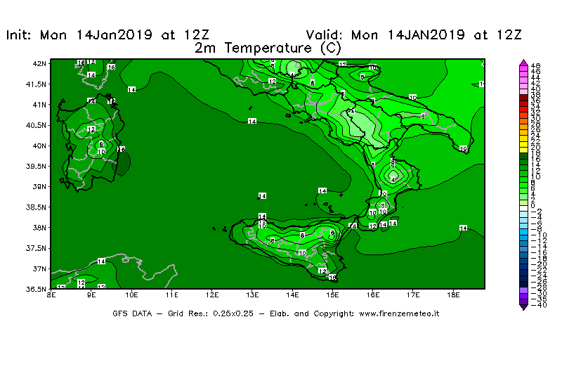 Mappa di analisi GFS - Temperatura a 2 metri dal suolo [°C] in Sud-Italia
							del 14/01/2019 12 <!--googleoff: index-->UTC<!--googleon: index-->