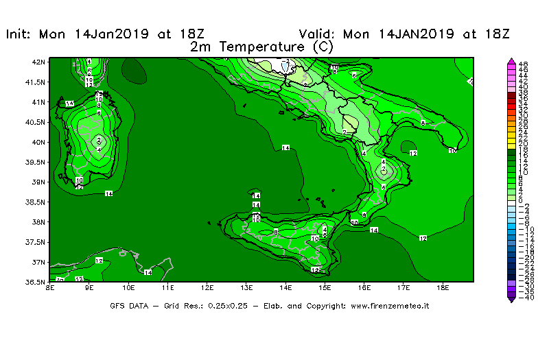 Mappa di analisi GFS - Temperatura a 2 metri dal suolo [°C] in Sud-Italia
									del 14/01/2019 18 <!--googleoff: index-->UTC<!--googleon: index-->