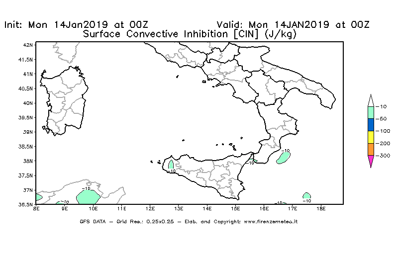 Mappa di analisi GFS - CIN [J/kg] in Sud-Italia
									del 14/01/2019 00 <!--googleoff: index-->UTC<!--googleon: index-->