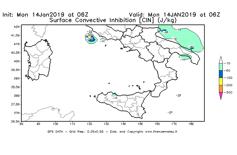 Mappa di analisi GFS - CIN [J/kg] in Sud-Italia
							del 14/01/2019 06 <!--googleoff: index-->UTC<!--googleon: index-->