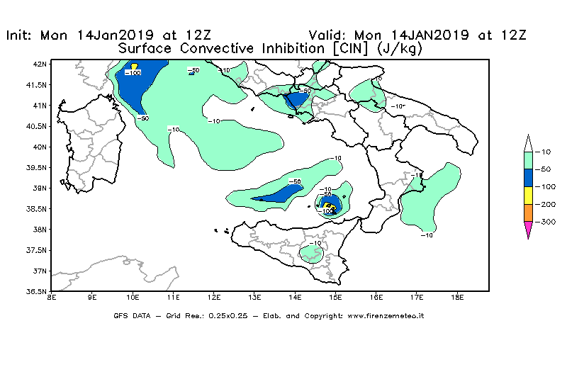 Mappa di analisi GFS - CIN [J/kg] in Sud-Italia
							del 14/01/2019 12 <!--googleoff: index-->UTC<!--googleon: index-->