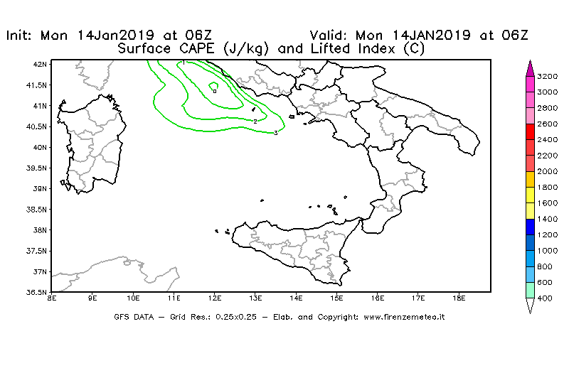 Mappa di analisi GFS - CAPE [J/kg] e Lifted Index [°C] in Sud-Italia
							del 14/01/2019 06 <!--googleoff: index-->UTC<!--googleon: index-->