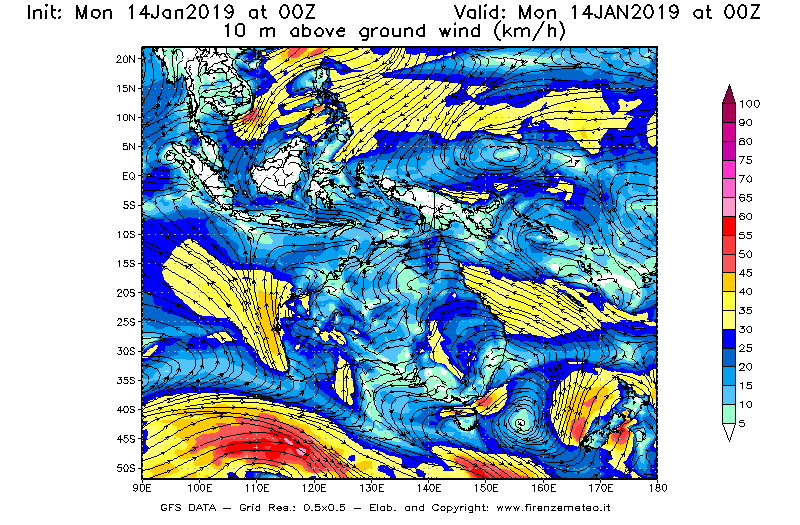 Mappa di analisi GFS - Velocità del vento a 10 metri dal suolo [km/h] in Oceania
							del 14/01/2019 00 <!--googleoff: index-->UTC<!--googleon: index-->