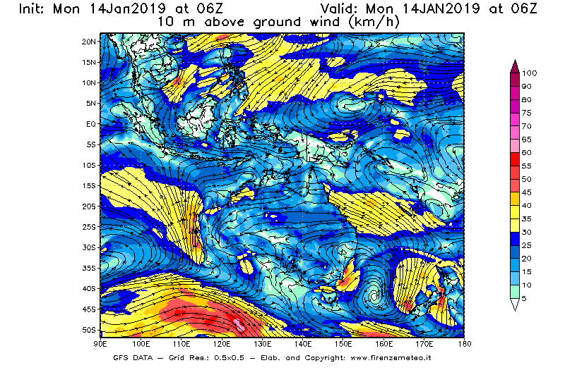 Mappa di analisi GFS - Velocità del vento a 10 metri dal suolo [km/h] in Oceania
							del 14/01/2019 06 <!--googleoff: index-->UTC<!--googleon: index-->