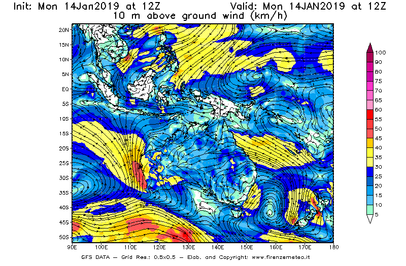 Mappa di analisi GFS - Velocità del vento a 10 metri dal suolo [km/h] in Oceania
							del 14/01/2019 12 <!--googleoff: index-->UTC<!--googleon: index-->