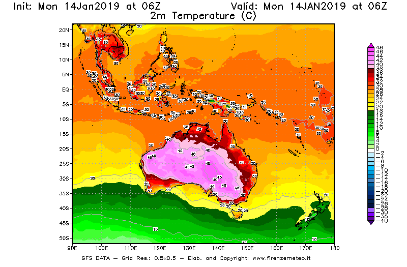 Mappa di analisi GFS - Temperatura a 2 metri dal suolo [°C] in Oceania
									del 14/01/2019 06 <!--googleoff: index-->UTC<!--googleon: index-->