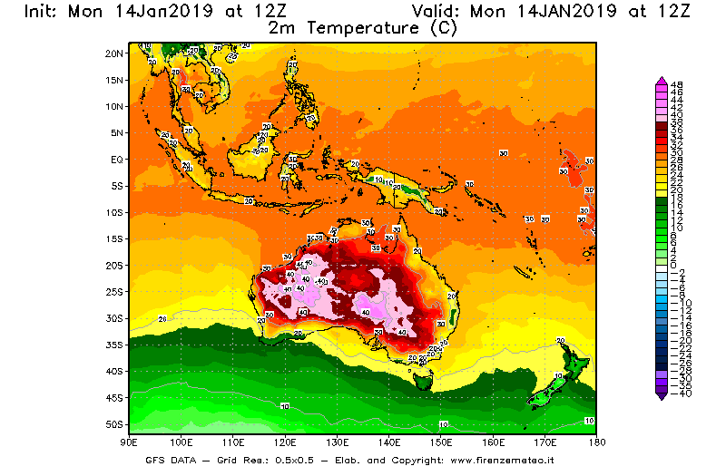 Mappa di analisi GFS - Temperatura a 2 metri dal suolo [°C] in Oceania
									del 14/01/2019 12 <!--googleoff: index-->UTC<!--googleon: index-->