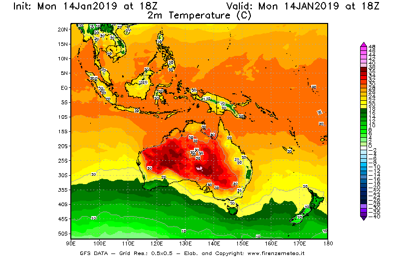 Mappa di analisi GFS - Temperatura a 2 metri dal suolo [°C] in Oceania
							del 14/01/2019 18 <!--googleoff: index-->UTC<!--googleon: index-->