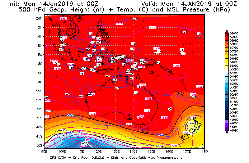 Mappa di analisi GFS - Geopotenziale [m] + Temp. [°C] a 500 hPa + Press. a livello del mare [hPa] in Oceania
									del 14/01/2019 00 <!--googleoff: index-->UTC<!--googleon: index-->