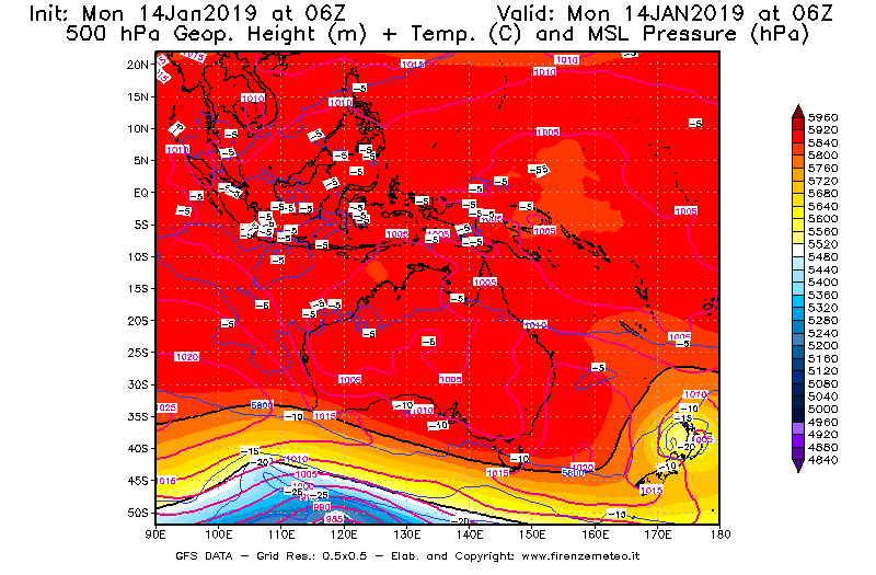 Mappa di analisi GFS - Geopotenziale [m] + Temp. [°C] a 500 hPa + Press. a livello del mare [hPa] in Oceania
									del 14/01/2019 06 <!--googleoff: index-->UTC<!--googleon: index-->