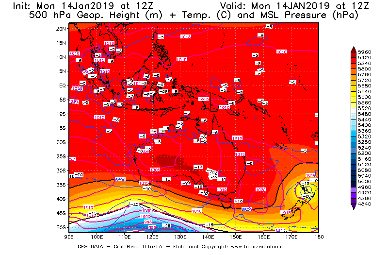 Mappa di analisi GFS - Geopotenziale [m] + Temp. [°C] a 500 hPa + Press. a livello del mare [hPa] in Oceania
									del 14/01/2019 12 <!--googleoff: index-->UTC<!--googleon: index-->