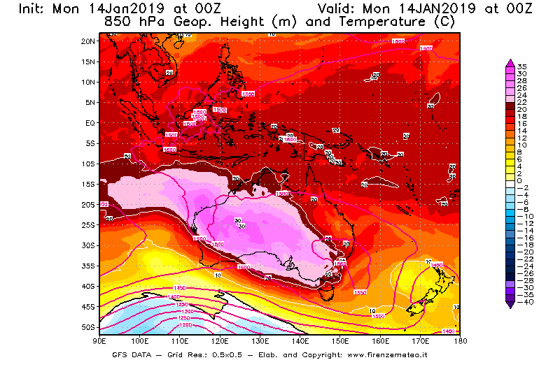 Mappa di analisi GFS - Geopotenziale [m] e Temperatura [°C] a 850 hPa in Oceania
							del 14/01/2019 00 <!--googleoff: index-->UTC<!--googleon: index-->