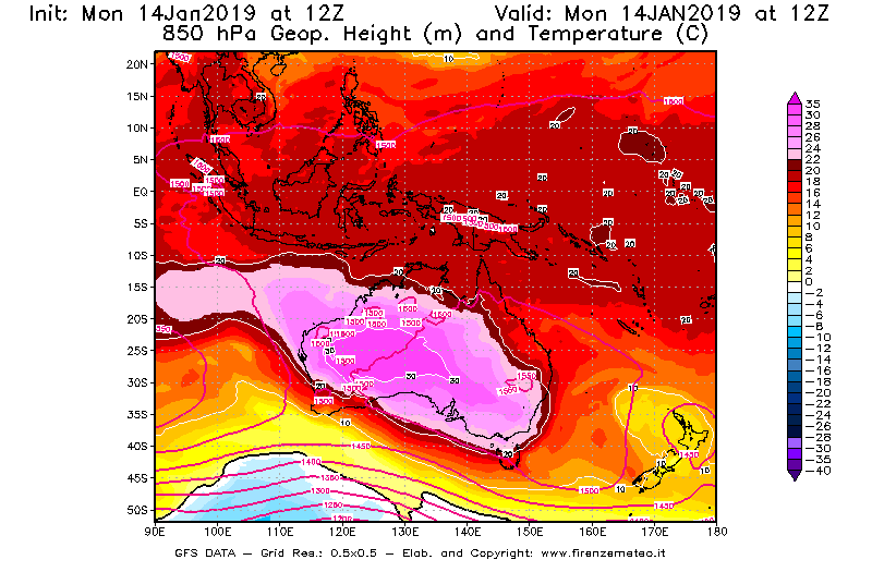 Mappa di analisi GFS - Geopotenziale [m] e Temperatura [°C] a 850 hPa in Oceania
									del 14/01/2019 12 <!--googleoff: index-->UTC<!--googleon: index-->