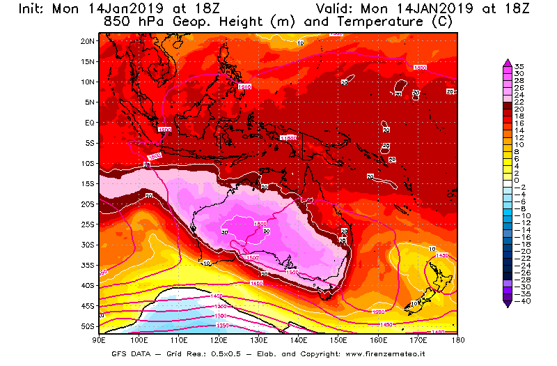 Mappa di analisi GFS - Geopotenziale [m] e Temperatura [°C] a 850 hPa in Oceania
									del 14/01/2019 18 <!--googleoff: index-->UTC<!--googleon: index-->