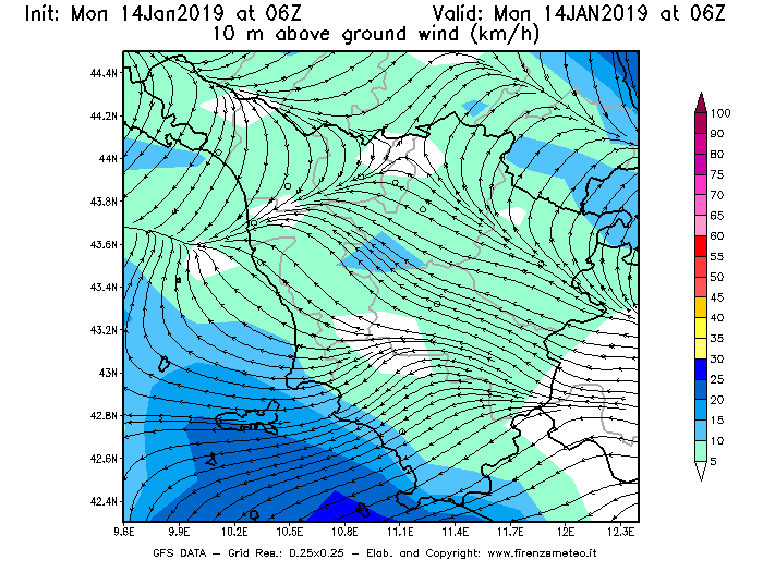 Mappa di analisi GFS - Velocità del vento a 10 metri dal suolo [km/h] in Toscana
									del 14/01/2019 06 <!--googleoff: index-->UTC<!--googleon: index-->