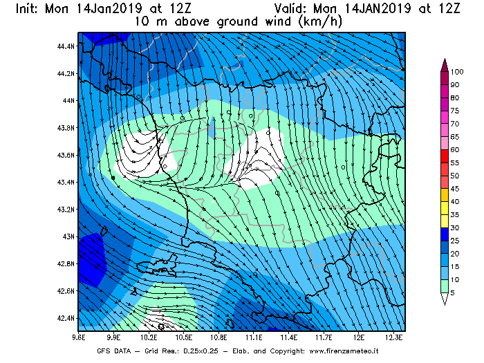 Mappa di analisi GFS - Velocità del vento a 10 metri dal suolo [km/h] in Toscana
							del 14/01/2019 12 <!--googleoff: index-->UTC<!--googleon: index-->