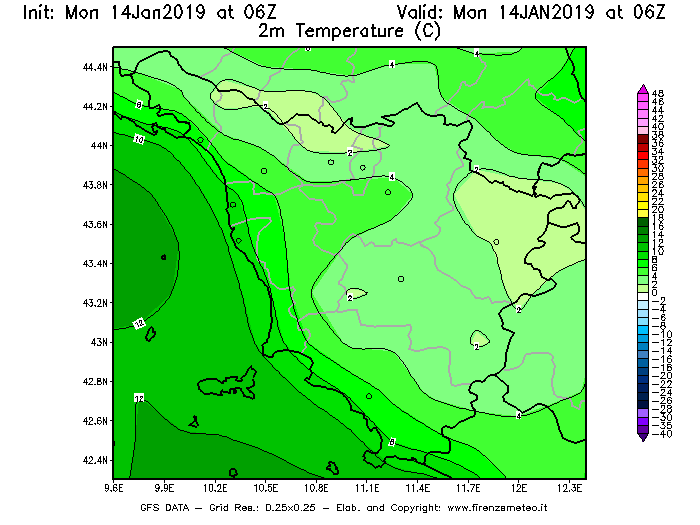 Mappa di analisi GFS - Temperatura a 2 metri dal suolo [°C] in Toscana
									del 14/01/2019 06 <!--googleoff: index-->UTC<!--googleon: index-->