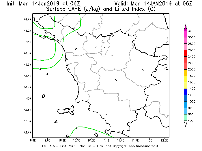 Mappa di analisi GFS - CAPE [J/kg] e Lifted Index [°C] in Toscana
									del 14/01/2019 06 <!--googleoff: index-->UTC<!--googleon: index-->