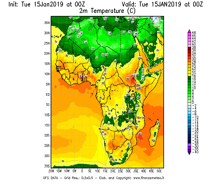Mappa di analisi GFS - Temperatura a 2 metri dal suolo [°C] in Africa
							del 15/01/2019 00 <!--googleoff: index-->UTC<!--googleon: index-->