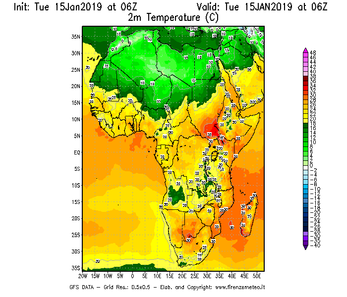Mappa di analisi GFS - Temperatura a 2 metri dal suolo [°C] in Africa
							del 15/01/2019 06 <!--googleoff: index-->UTC<!--googleon: index-->