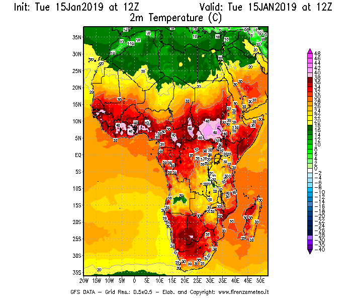 Mappa di analisi GFS - Temperatura a 2 metri dal suolo [°C] in Africa
							del 15/01/2019 12 <!--googleoff: index-->UTC<!--googleon: index-->