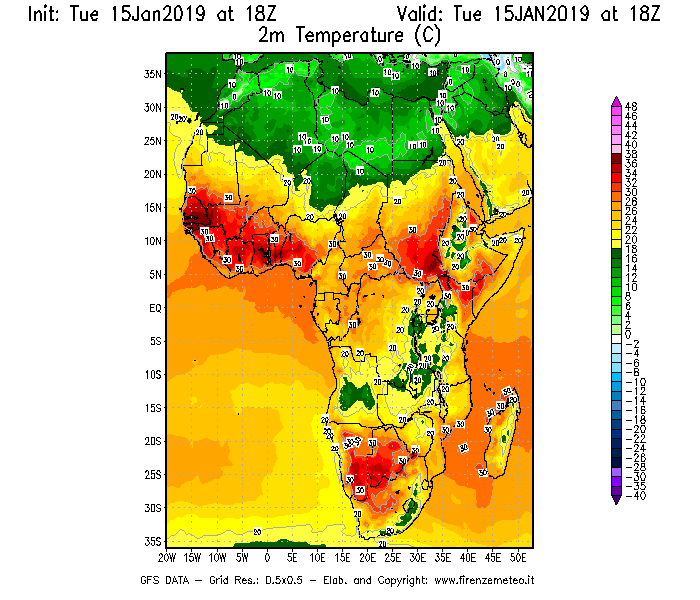 Mappa di analisi GFS - Temperatura a 2 metri dal suolo [°C] in Africa
							del 15/01/2019 18 <!--googleoff: index-->UTC<!--googleon: index-->