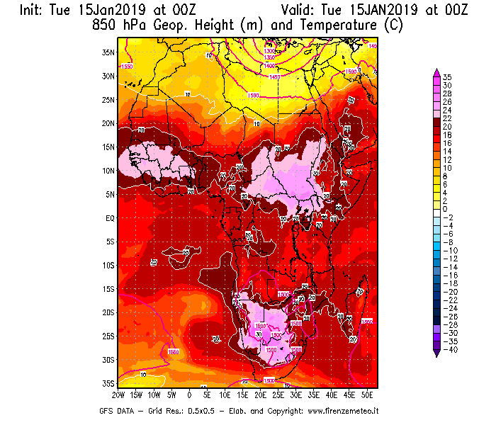 Mappa di analisi GFS - Geopotenziale [m] e Temperatura [°C] a 850 hPa in Africa
							del 15/01/2019 00 <!--googleoff: index-->UTC<!--googleon: index-->