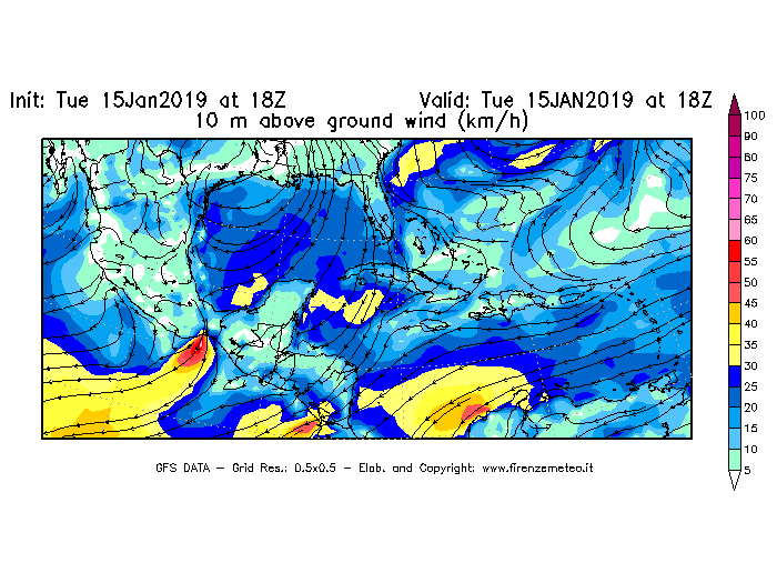 Mappa di analisi GFS - Velocità del vento a 10 metri dal suolo [km/h] in Centro-America
							del 15/01/2019 18 <!--googleoff: index-->UTC<!--googleon: index-->
