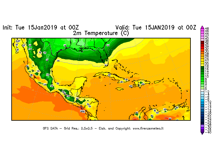 Mappa di analisi GFS - Temperatura a 2 metri dal suolo [°C] in Centro-America
							del 15/01/2019 00 <!--googleoff: index-->UTC<!--googleon: index-->