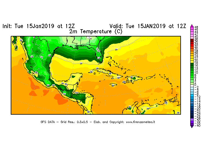 Mappa di analisi GFS - Temperatura a 2 metri dal suolo [°C] in Centro-America
							del 15/01/2019 12 <!--googleoff: index-->UTC<!--googleon: index-->