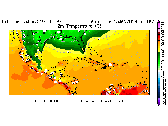 Mappa di analisi GFS - Temperatura a 2 metri dal suolo [°C] in Centro-America
							del 15/01/2019 18 <!--googleoff: index-->UTC<!--googleon: index-->