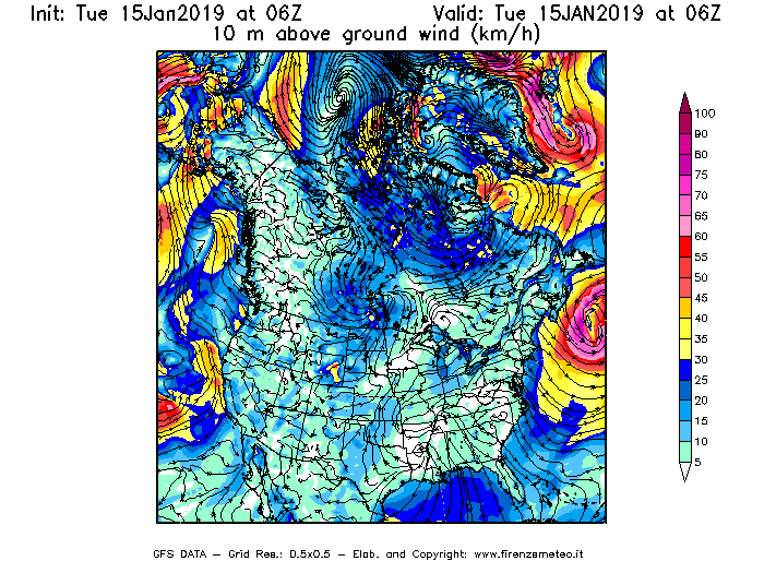 Mappa di analisi GFS - Velocità del vento a 10 metri dal suolo [km/h] in Nord-America
							del 15/01/2019 06 <!--googleoff: index-->UTC<!--googleon: index-->