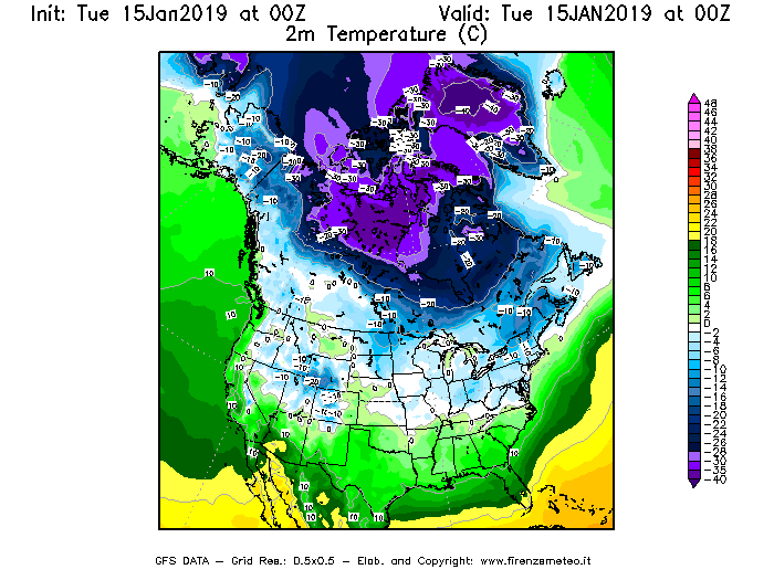 Mappa di analisi GFS - Temperatura a 2 metri dal suolo [°C] in Nord-America
							del 15/01/2019 00 <!--googleoff: index-->UTC<!--googleon: index-->