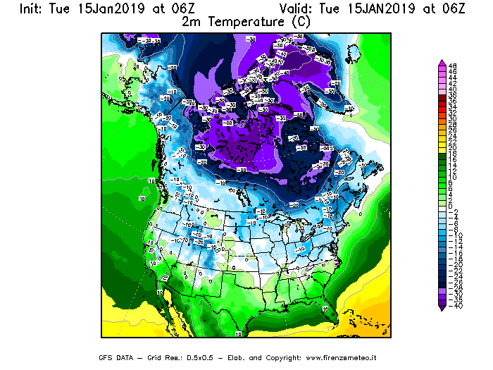 Mappa di analisi GFS - Temperatura a 2 metri dal suolo [°C] in Nord-America
							del 15/01/2019 06 <!--googleoff: index-->UTC<!--googleon: index-->