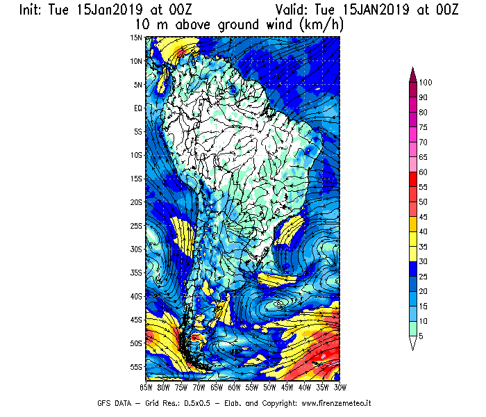 Mappa di analisi GFS - Velocità del vento a 10 metri dal suolo [km/h] in Sud-America
							del 15/01/2019 00 <!--googleoff: index-->UTC<!--googleon: index-->