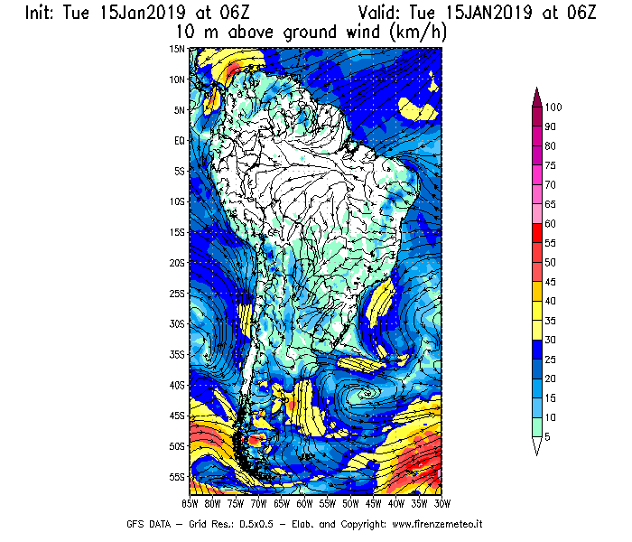 Mappa di analisi GFS - Velocità del vento a 10 metri dal suolo [km/h] in Sud-America
							del 15/01/2019 06 <!--googleoff: index-->UTC<!--googleon: index-->