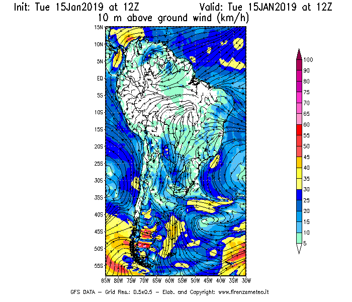 Mappa di analisi GFS - Velocità del vento a 10 metri dal suolo [km/h] in Sud-America
							del 15/01/2019 12 <!--googleoff: index-->UTC<!--googleon: index-->