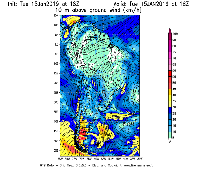 Mappa di analisi GFS - Velocità del vento a 10 metri dal suolo [km/h] in Sud-America
							del 15/01/2019 18 <!--googleoff: index-->UTC<!--googleon: index-->
