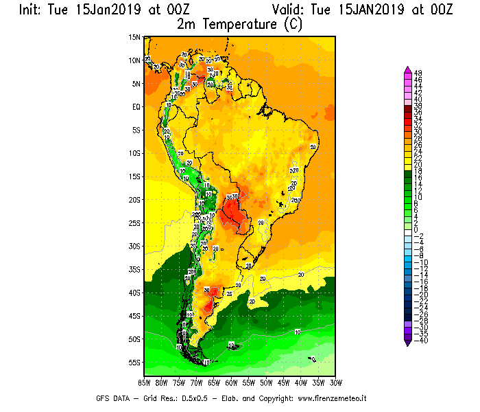 Mappa di analisi GFS - Temperatura a 2 metri dal suolo [°C] in Sud-America
							del 15/01/2019 00 <!--googleoff: index-->UTC<!--googleon: index-->