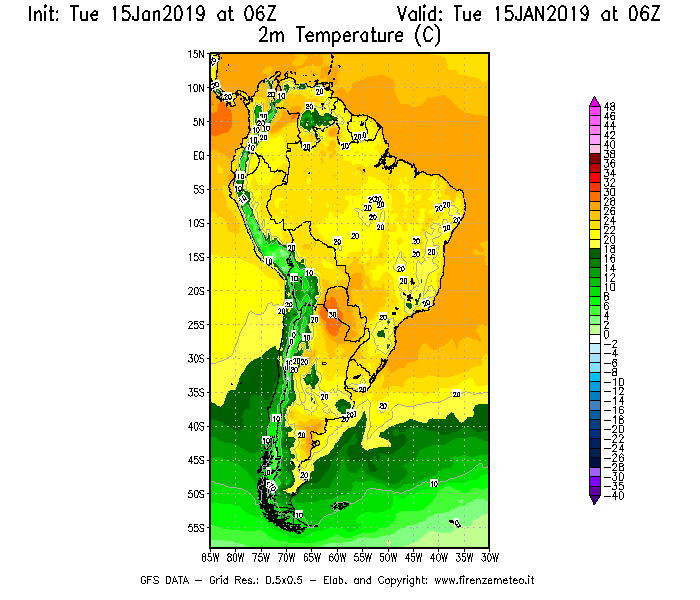 Mappa di analisi GFS - Temperatura a 2 metri dal suolo [°C] in Sud-America
							del 15/01/2019 06 <!--googleoff: index-->UTC<!--googleon: index-->