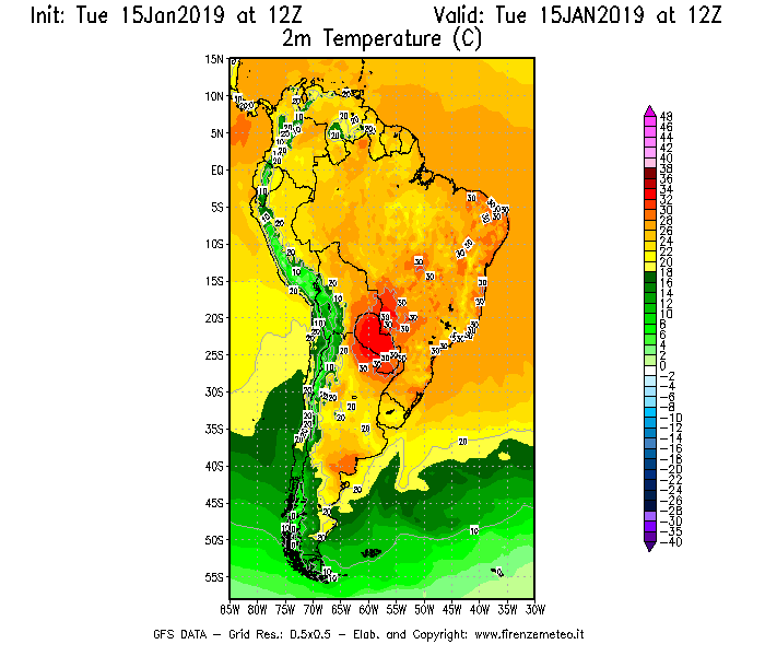Mappa di analisi GFS - Temperatura a 2 metri dal suolo [°C] in Sud-America
							del 15/01/2019 12 <!--googleoff: index-->UTC<!--googleon: index-->
