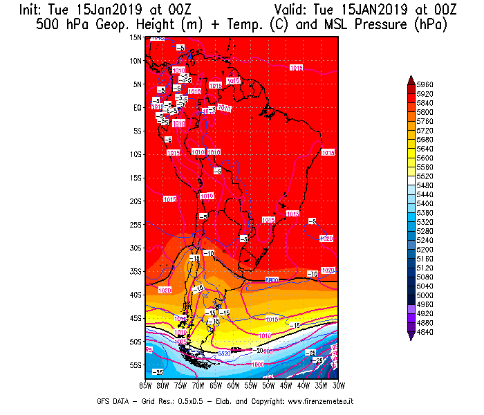 Mappa di analisi GFS - Geopotenziale [m] + Temp. [°C] a 500 hPa + Press. a livello del mare [hPa] in Sud-America
							del 15/01/2019 00 <!--googleoff: index-->UTC<!--googleon: index-->