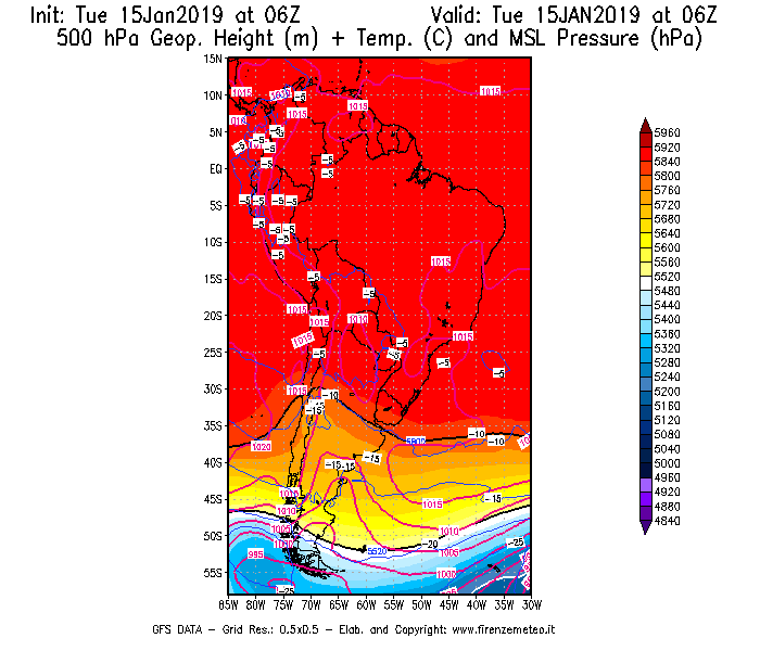 Mappa di analisi GFS - Geopotenziale [m] + Temp. [°C] a 500 hPa + Press. a livello del mare [hPa] in Sud-America
							del 15/01/2019 06 <!--googleoff: index-->UTC<!--googleon: index-->