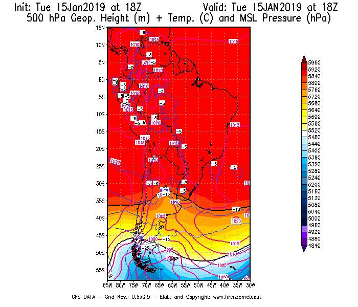 Mappa di analisi GFS - Geopotenziale [m] + Temp. [°C] a 500 hPa + Press. a livello del mare [hPa] in Sud-America
							del 15/01/2019 18 <!--googleoff: index-->UTC<!--googleon: index-->