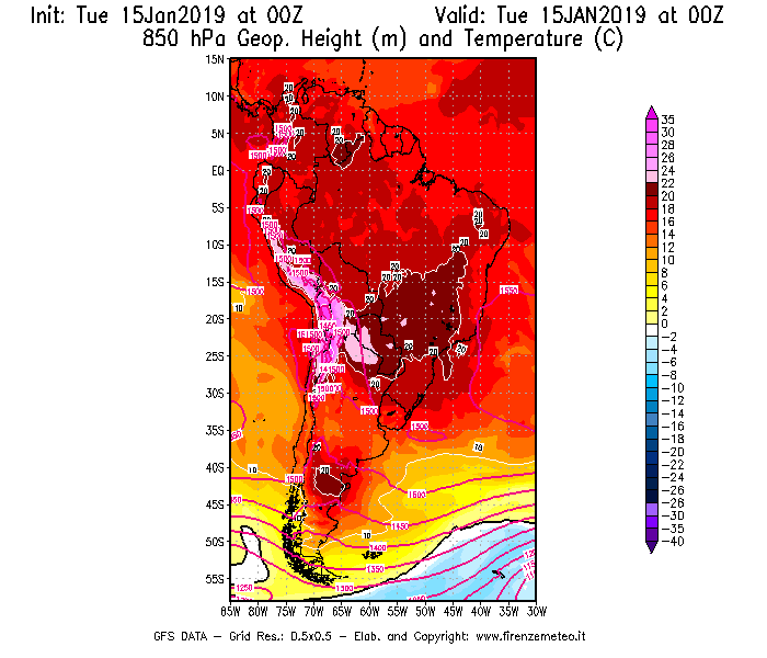 Mappa di analisi GFS - Geopotenziale [m] e Temperatura [°C] a 850 hPa in Sud-America
							del 15/01/2019 00 <!--googleoff: index-->UTC<!--googleon: index-->