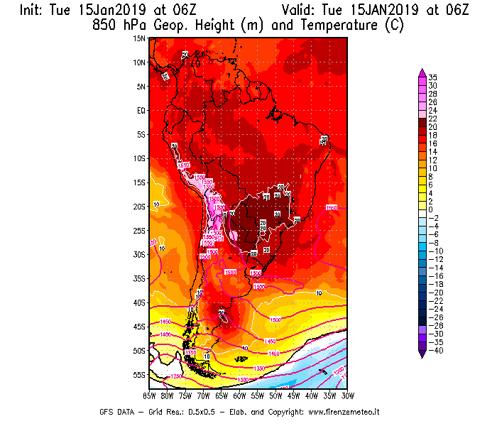 Mappa di analisi GFS - Geopotenziale [m] e Temperatura [°C] a 850 hPa in Sud-America
							del 15/01/2019 06 <!--googleoff: index-->UTC<!--googleon: index-->
