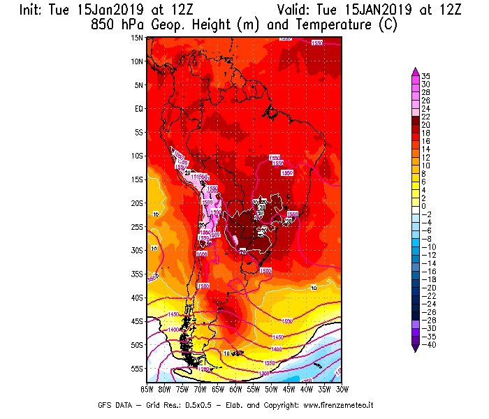 Mappa di analisi GFS - Geopotenziale [m] e Temperatura [°C] a 850 hPa in Sud-America
							del 15/01/2019 12 <!--googleoff: index-->UTC<!--googleon: index-->