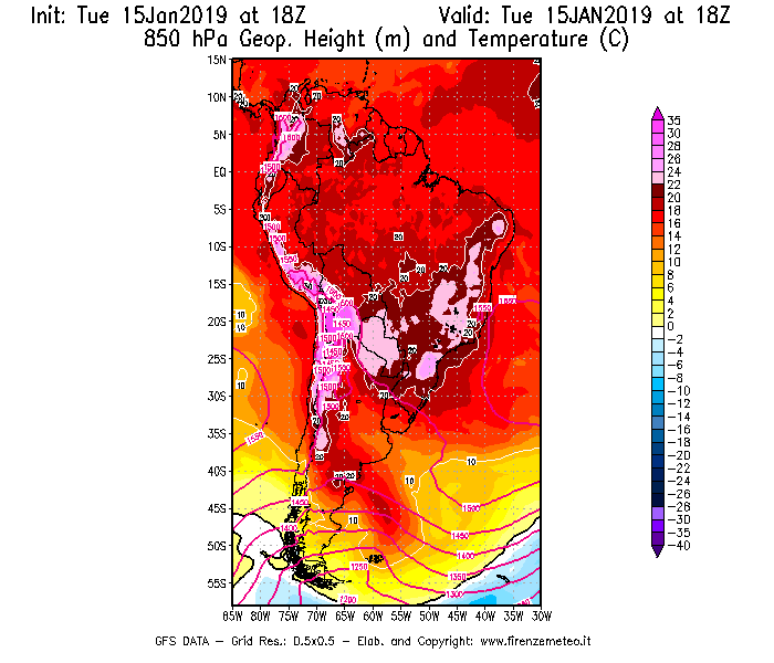 Mappa di analisi GFS - Geopotenziale [m] e Temperatura [°C] a 850 hPa in Sud-America
							del 15/01/2019 18 <!--googleoff: index-->UTC<!--googleon: index-->