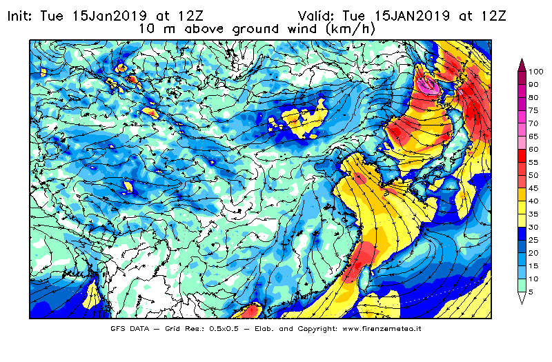 Mappa di analisi GFS - Velocità del vento a 10 metri dal suolo [km/h] in Asia Orientale
							del 15/01/2019 12 <!--googleoff: index-->UTC<!--googleon: index-->