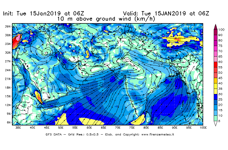 Mappa di analisi GFS - Velocità del vento a 10 metri dal suolo [km/h] in Asia Sud-Occidentale
							del 15/01/2019 06 <!--googleoff: index-->UTC<!--googleon: index-->